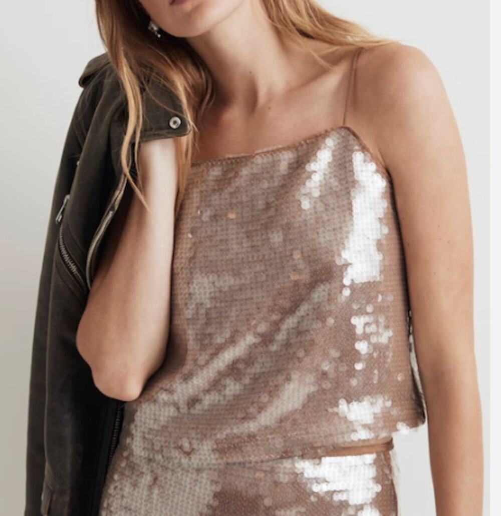 Madewell Sequin Square Neck Cropped Boxy Cami Tank Top Fallen Timber Gold Medium